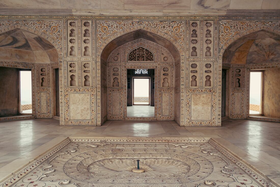 Detailed carved interior of the Red Fort of Agra's turrets in Rajasthan