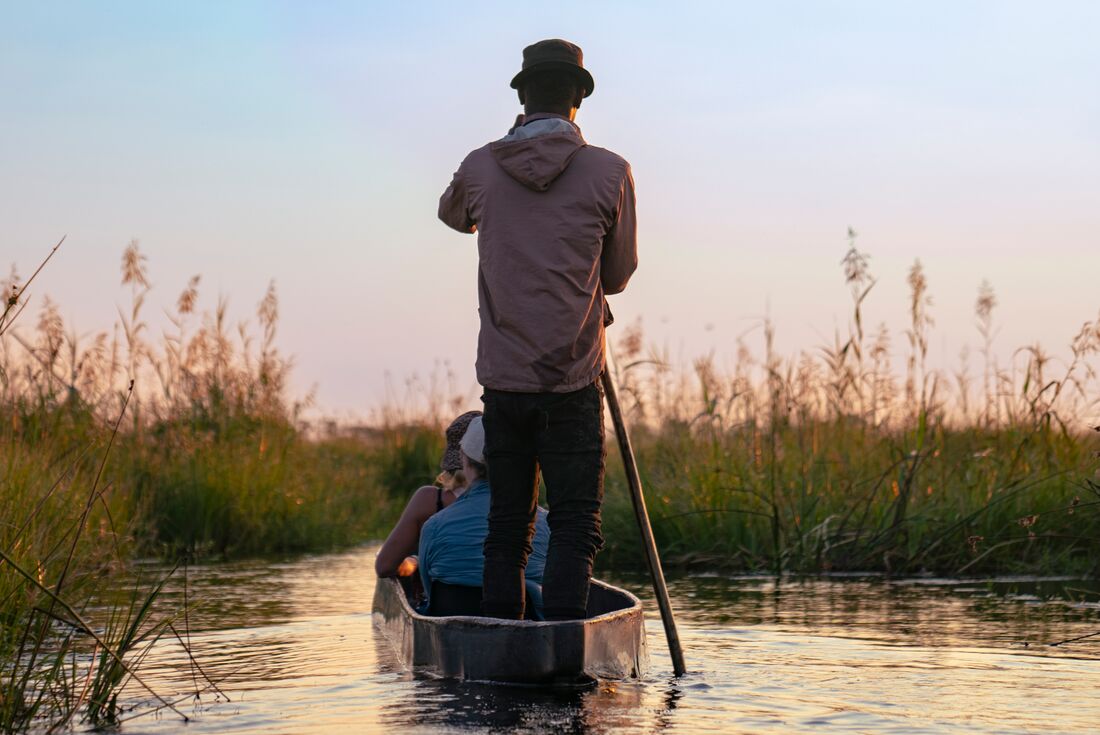 Intrepid Travellers on a boat with local guide during sunset on the Okavango Delta
