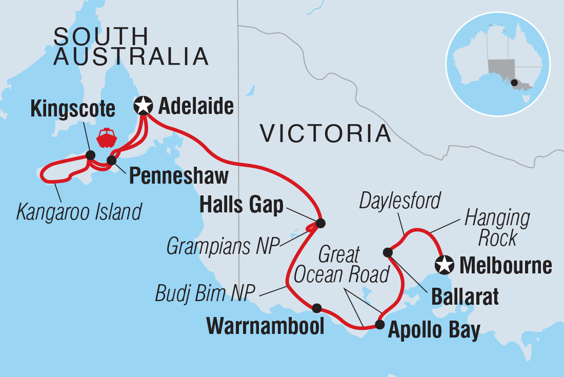 Map of Melbourne To Kangaroo Island Adventure including Australia