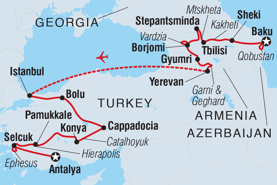 Map of The Caucasus & Turkey Experience including Armenia, Azerbaijan, Georgia and Turkey