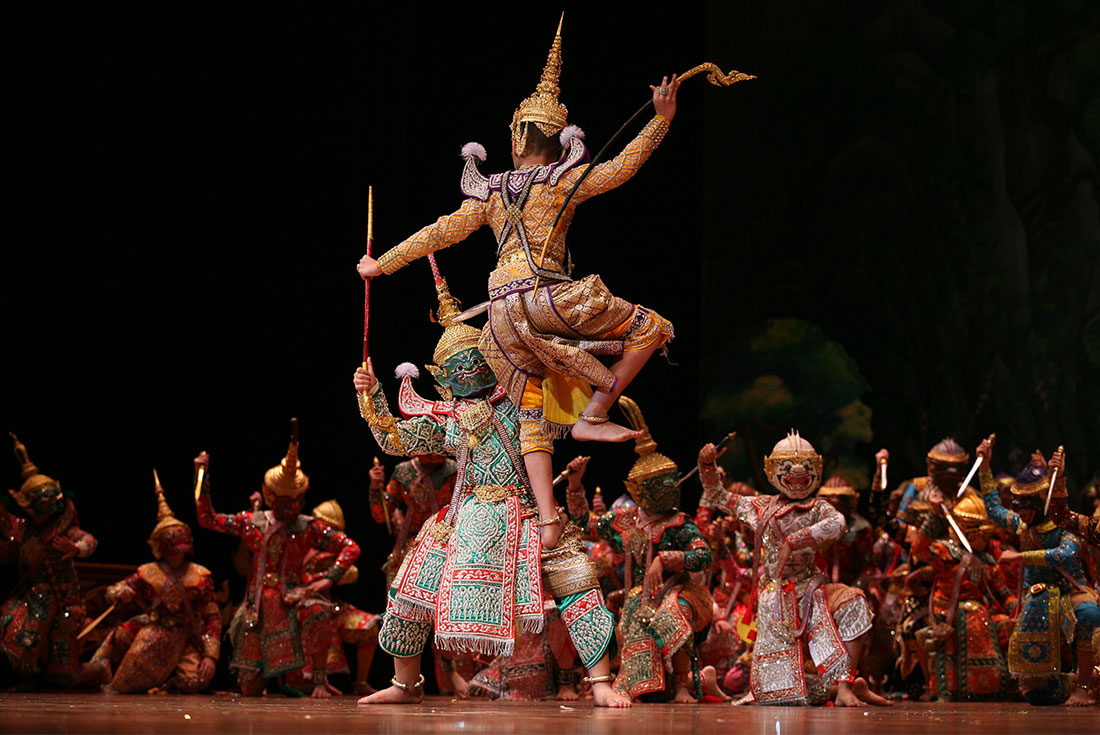 Experience the incredible drama and costuming of the Ramayana Epic during a Khon Performance at Chalerm Krung Royal Theatre