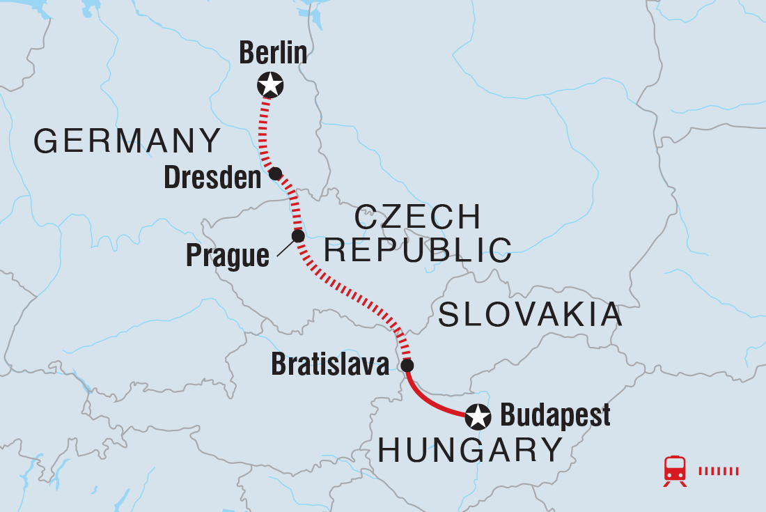 Map of Berlin To Budapest including Czech Republic, Germany, Hungary and Slovakia