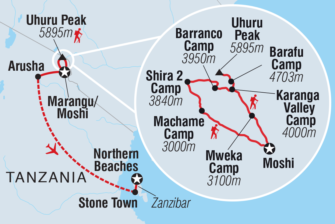Map of Kilimanjaro Machame Route & Zanzibar including Tanzania, United Republic Of