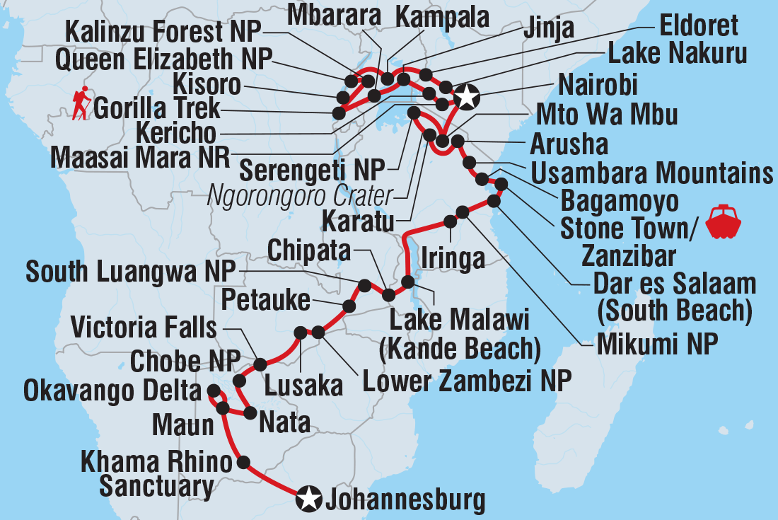 Map of Johannesburg To Gorillas including Botswana, Kenya, Malawi, South Africa, Tanzania, United Republic Of, Uganda, Zambia and Zimbabwe