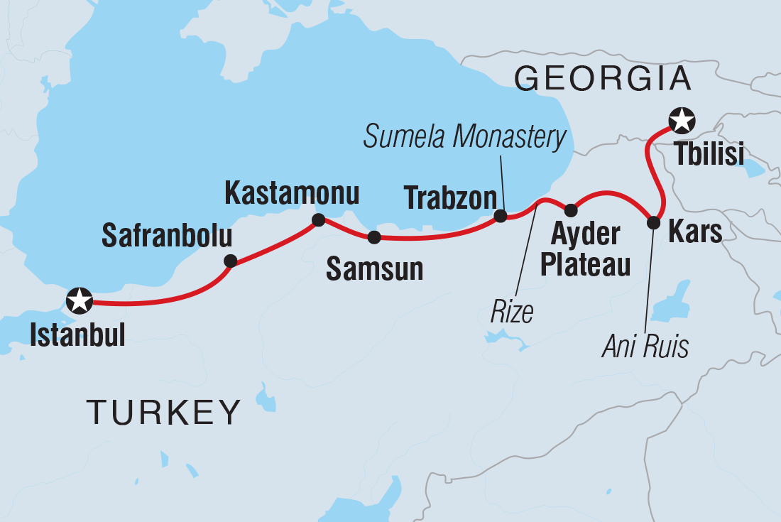 Map of Turkey's Black Sea: Istanbul To Tbilisi including Georgia and Turkey