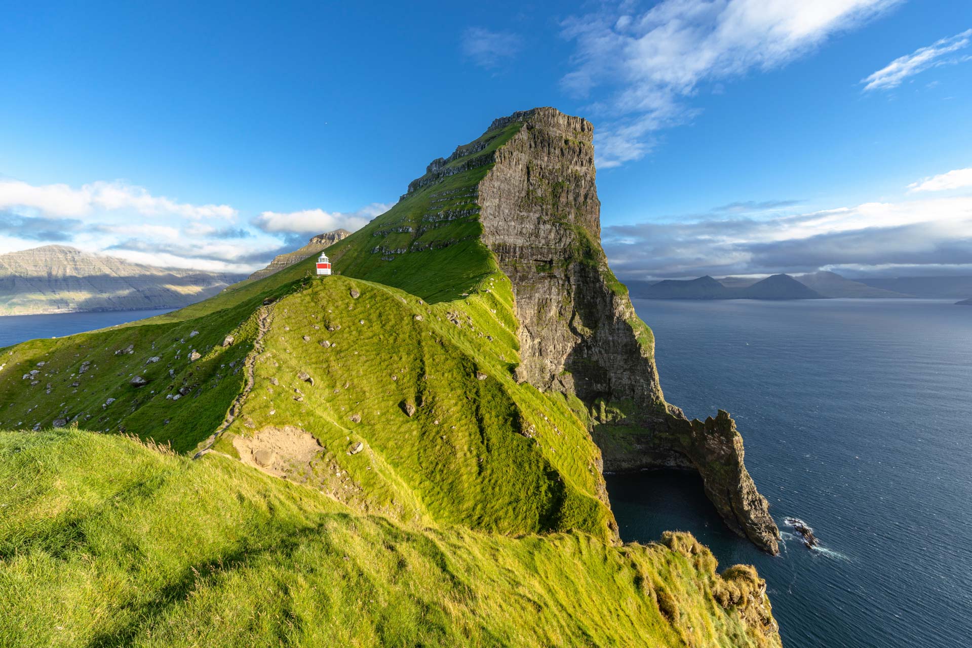 The tiny Kallur Lighthouse atop Kalsoy Island