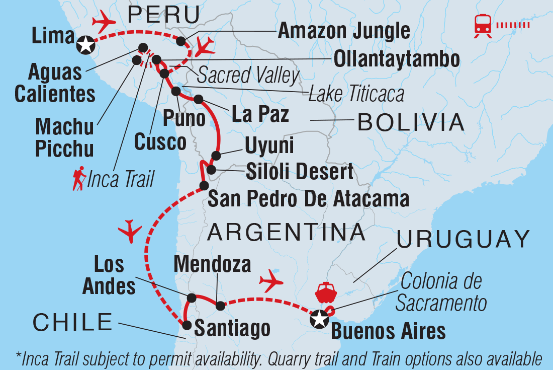 Map of Best Of South America: Lima To Buenos Aires including Argentina, Bolivia, Chile, Peru and Uruguay