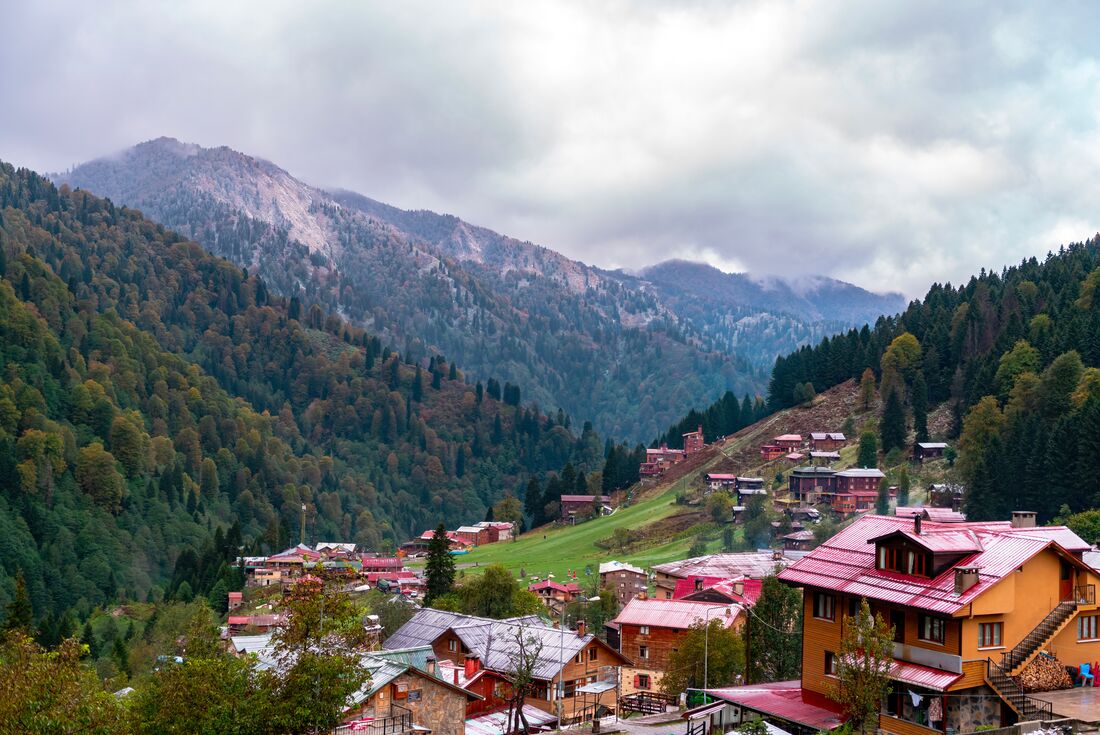 Village rooftops on the mountain side at Ayder Plateau in Rize, Turkey