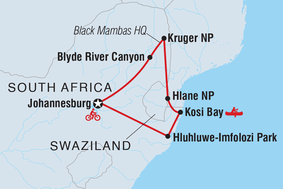 Map of South Africa Family Safari With Teenagers including South Africa and Swaziland