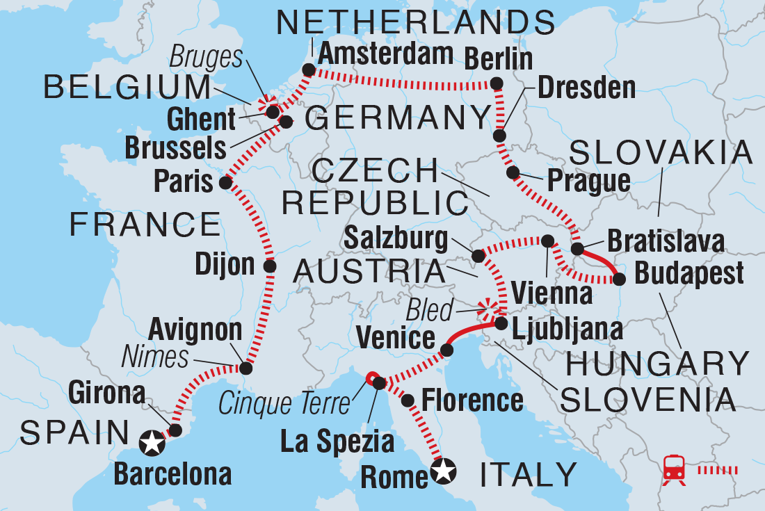 Map of Europe Explorer including Austria, Belgium, Czech Republic, France, Germany, Hungary, Italy, Netherlands, Slovakia, Slovenia and Spain