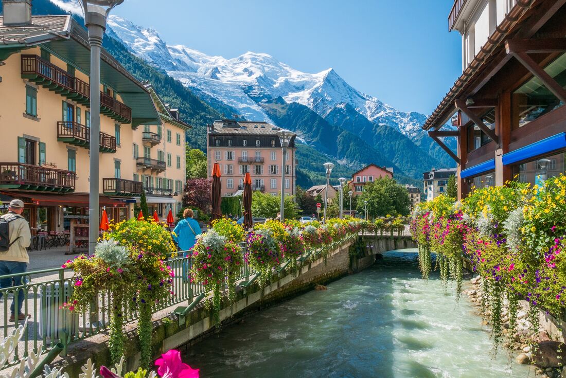 Town of Chamonix with a view of Mount Blanc in the background, France