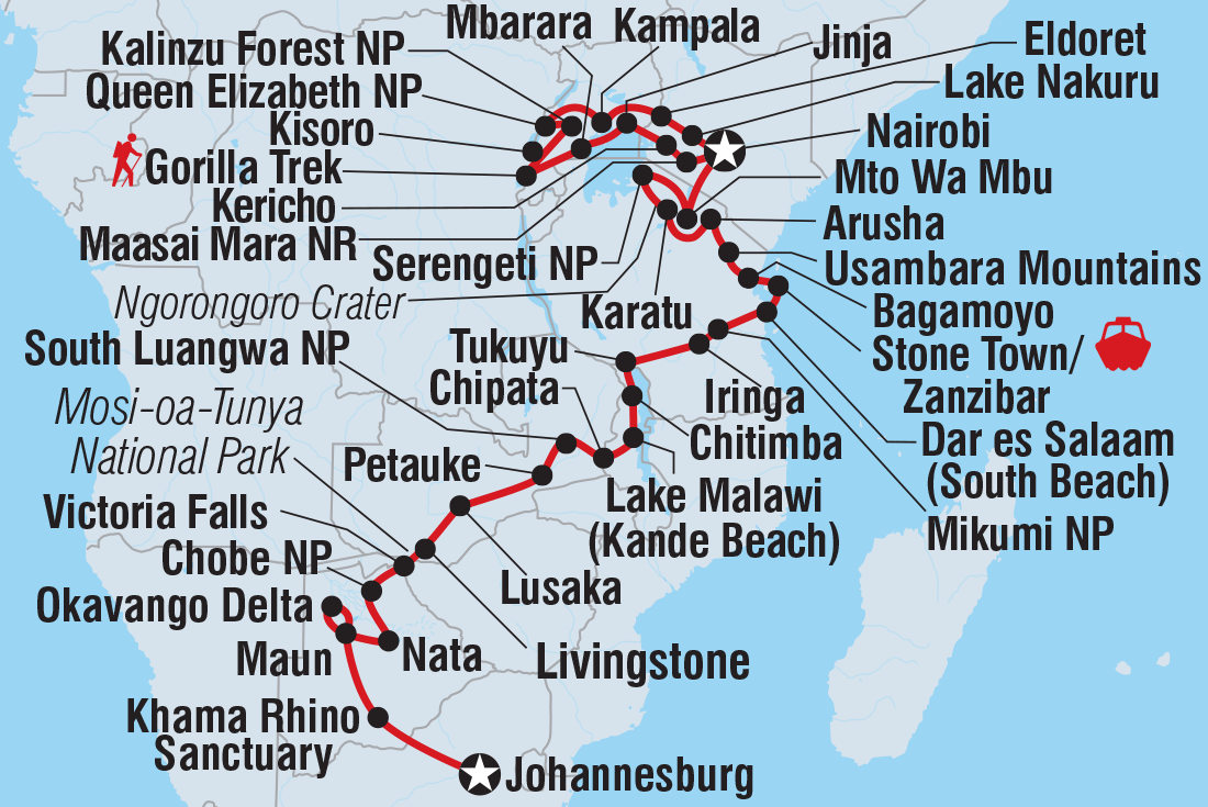 Map of Johannesburg To Gorillas including Botswana, Kenya, Malawi, South Africa, Tanzania, United Republic Of, Uganda, Zambia and Zimbabwe