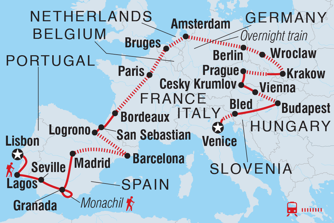 Map of 18 To 35S Essential Europe including Austria, Belgium, Czech Republic, France, Germany, Hungary, Italy, Netherlands, Poland, Portugal, Slovenia and Spain