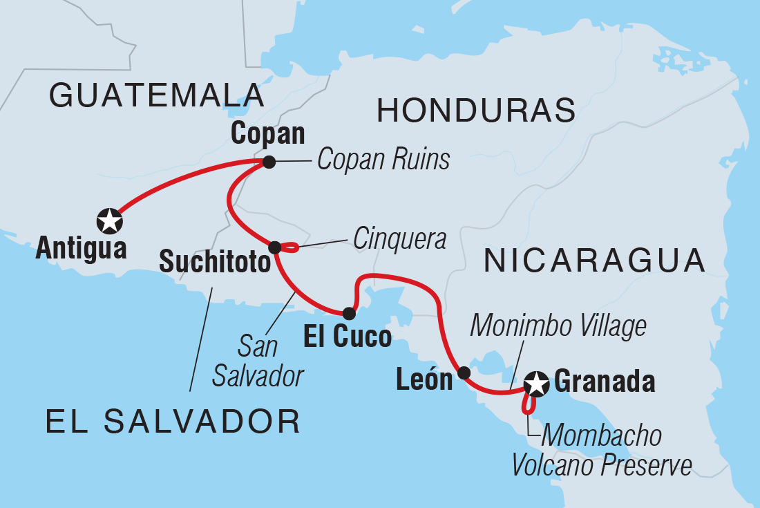 Map of Nicaragua & Beyond including El Salvador, Guatemala, Honduras and Nicaragua