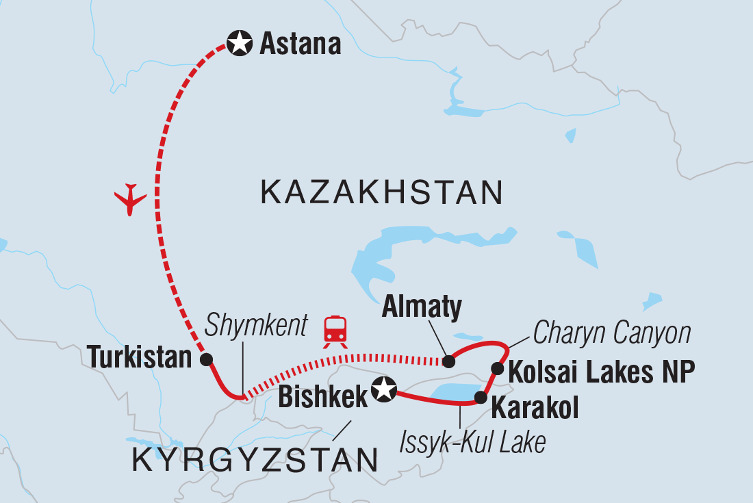 Map of Kazakhstan & Kyrgyzstan Adventure including Kazakhstan and Kyrgyzstan