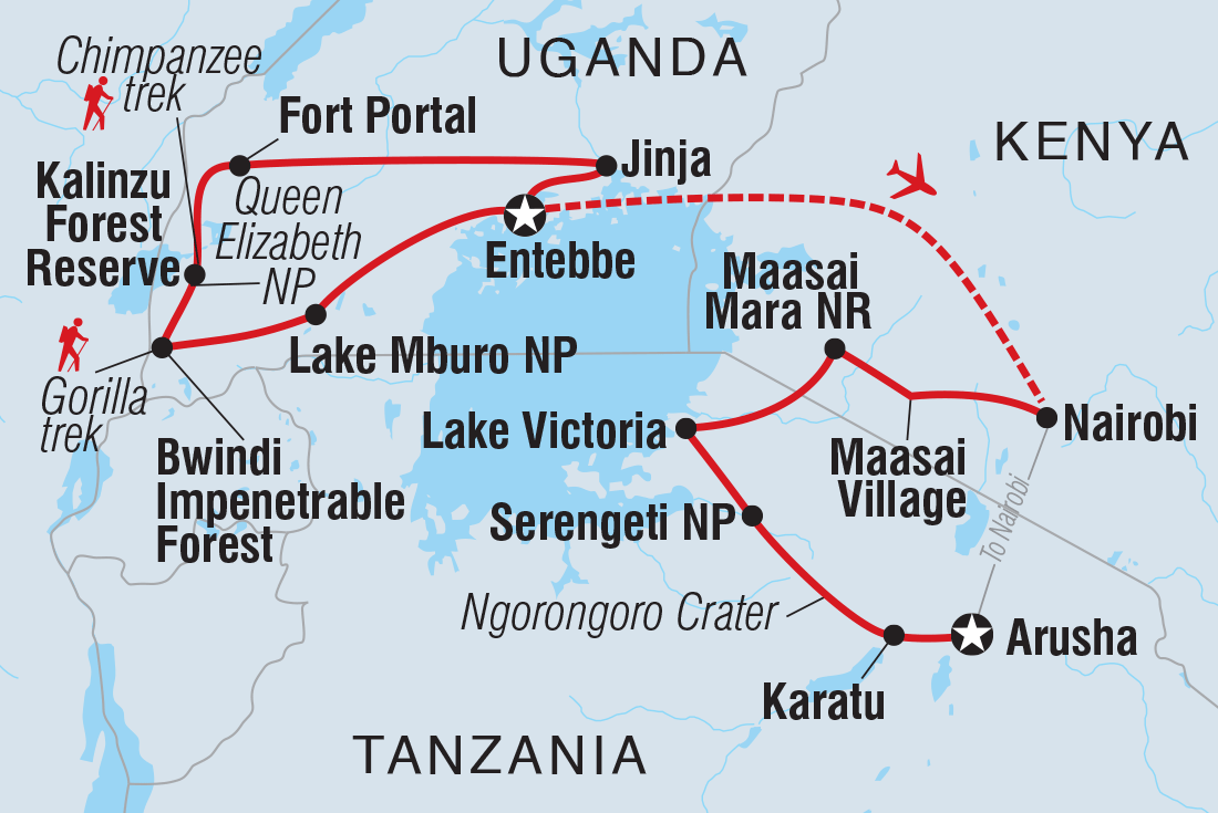 Map of 18 To 35S Epic East Africa: Gorillas, Chimps And Safaris including Kenya, Tanzania, United Republic Of and Uganda
